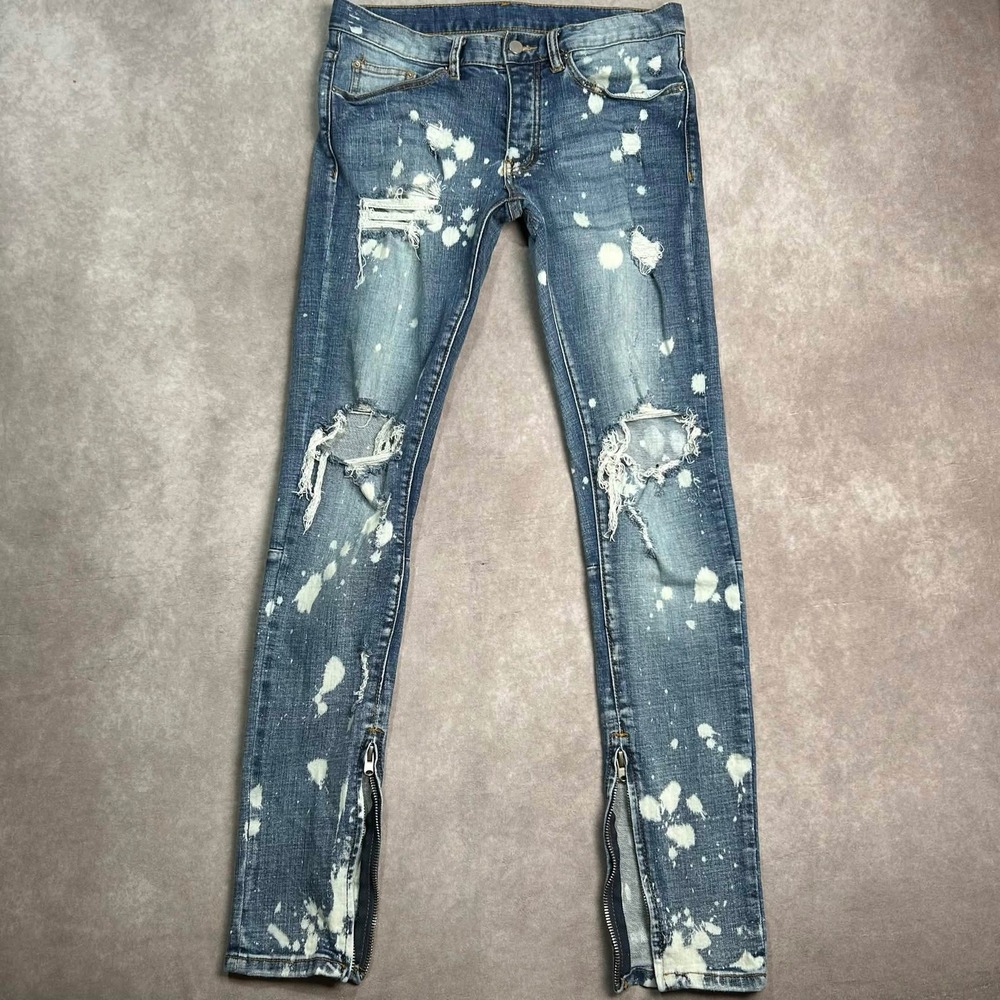 Mnml Mens Blue Bleach Splatter Distressed Skinny Zipper Leg Jeans Size 31W*x33L